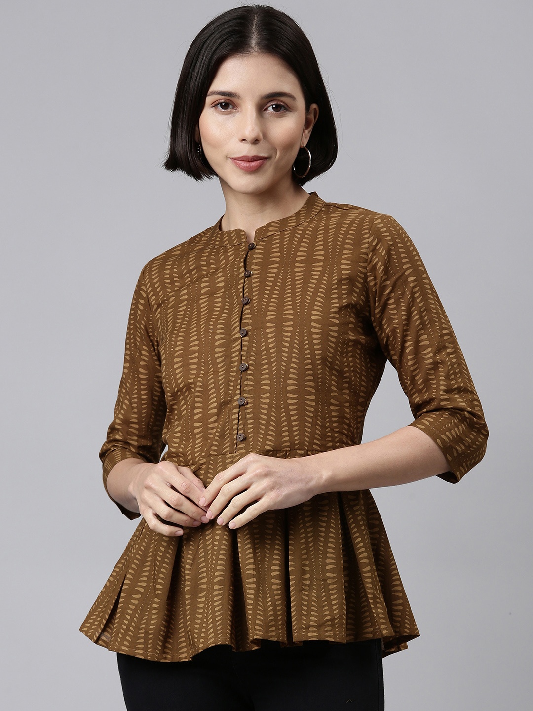

MALHAAR Brown Print Mandarin Collar Cotton Peplum Top