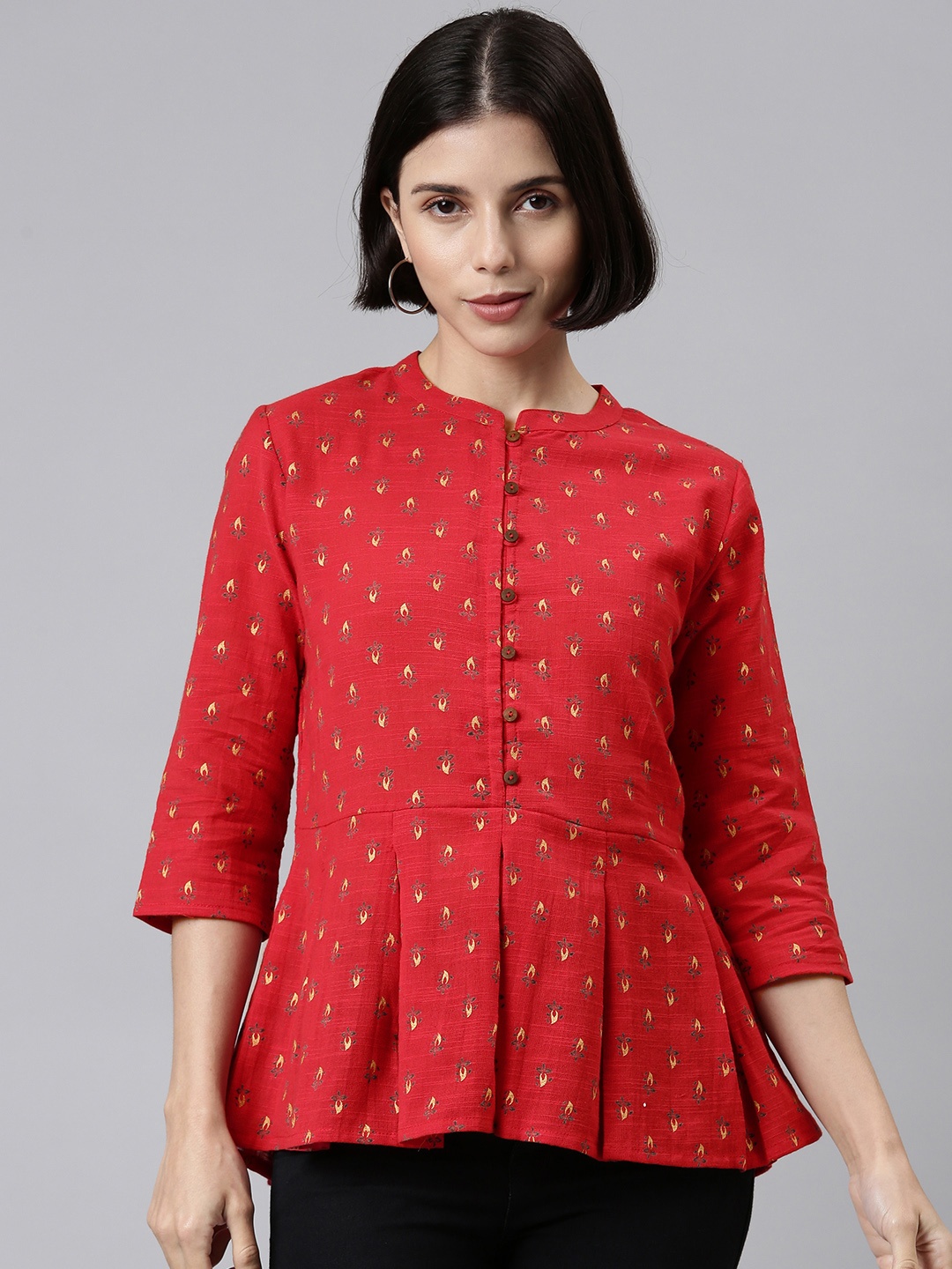 

MALHAAR Red Print Mandarin Collar Cotton Peplum Top