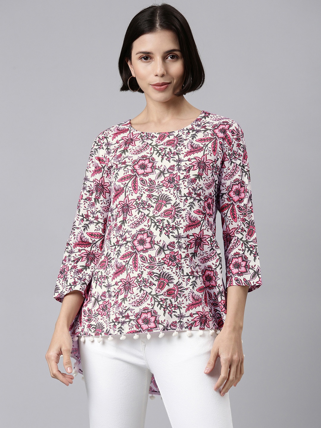 

MALHAAR White & Pink Floral Print High-Low Top