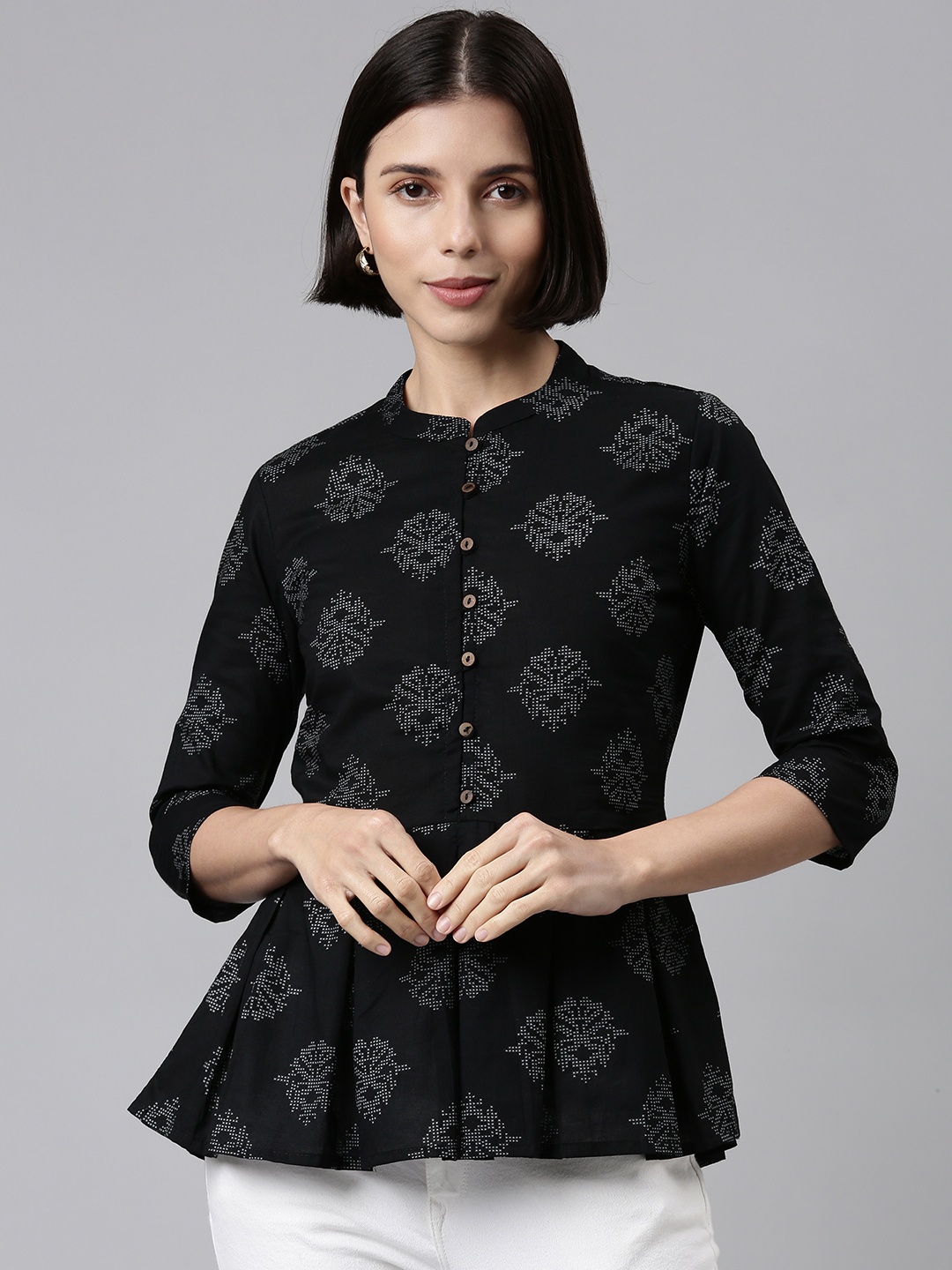 

MALHAAR Black Print Mandarin Collar Cotton Peplum Top