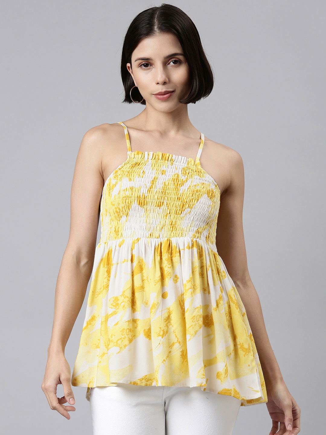 

MALHAAR Yellow & White Print Smocked Cinched Waist Top