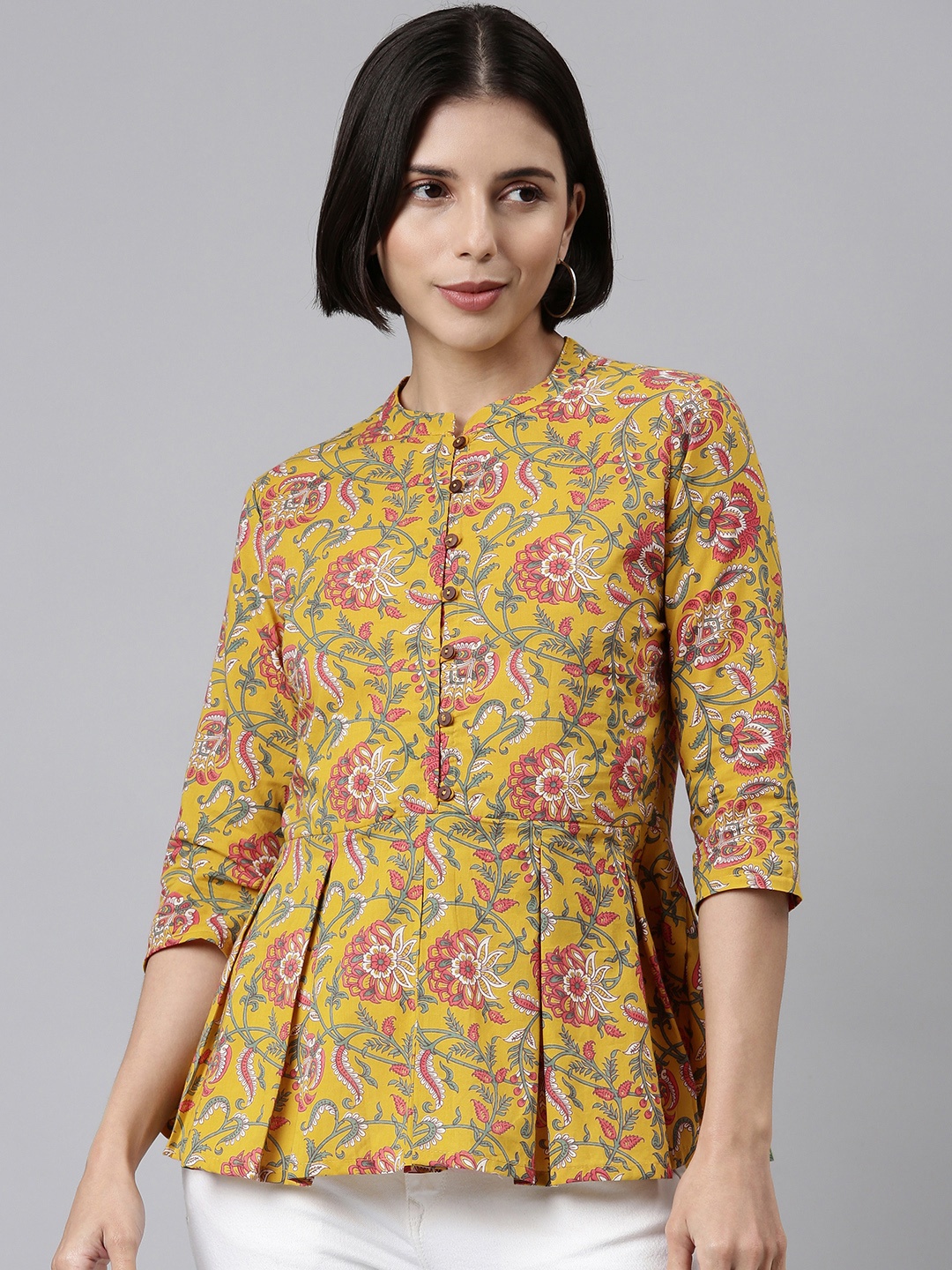 

MALHAAR Mustard Yellow & Red Floral Print Mandarin Collar Cotton Peplum Top