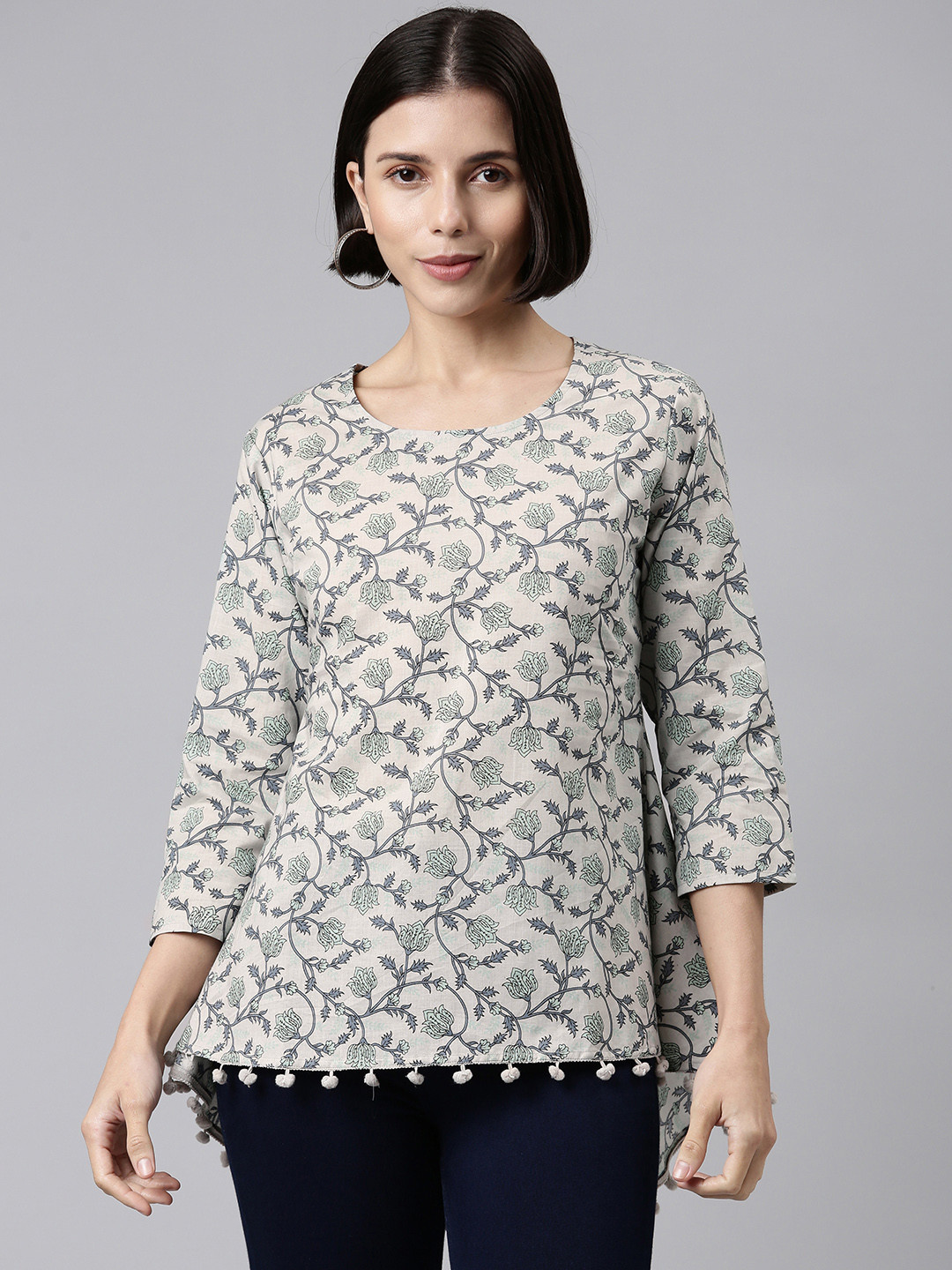 

MALHAAR Grey & Green Floral Print Cotton Top