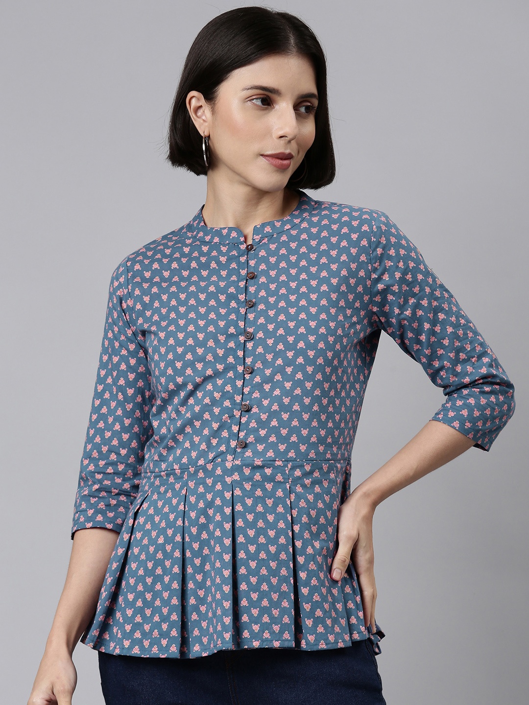 

MALHAAR Blue & Pink Floral Print Mandarin Collar Peplum Cotton Top