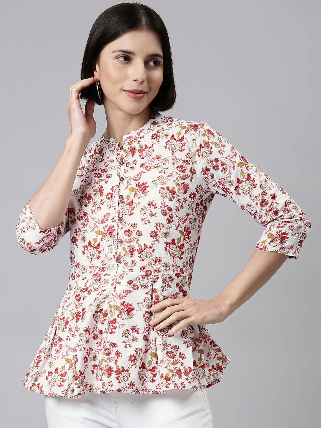 

MALHAAR White & Maroon Floral Print Mandarin Collar Cotton Peplum Top