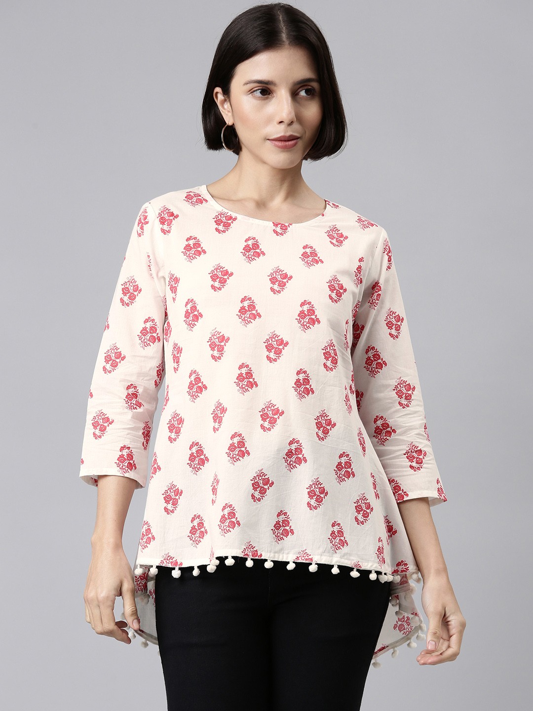 

MALHAAR White & Pink Floral Print Cotton Top