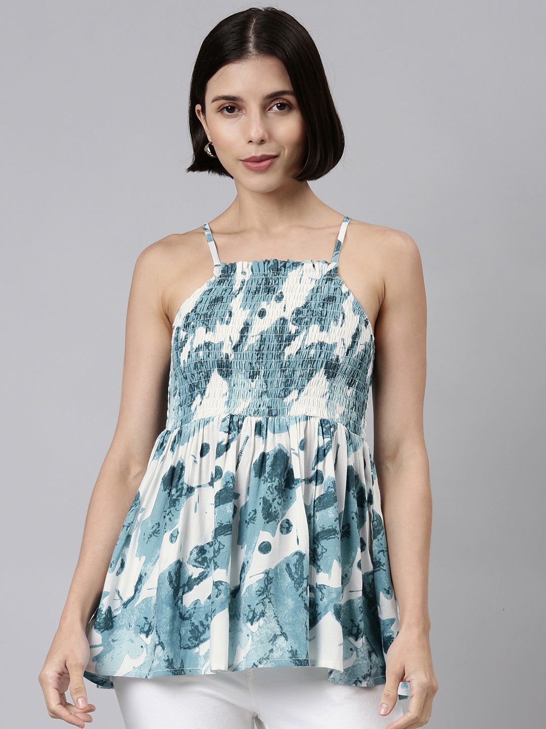 

MALHAAR Blue & White Print Smocked Cinched Waist Top