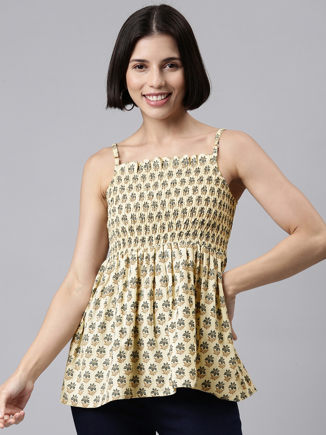 

MALHAAR Beige & Grey Floral Print Smocked Cinched Waist Top