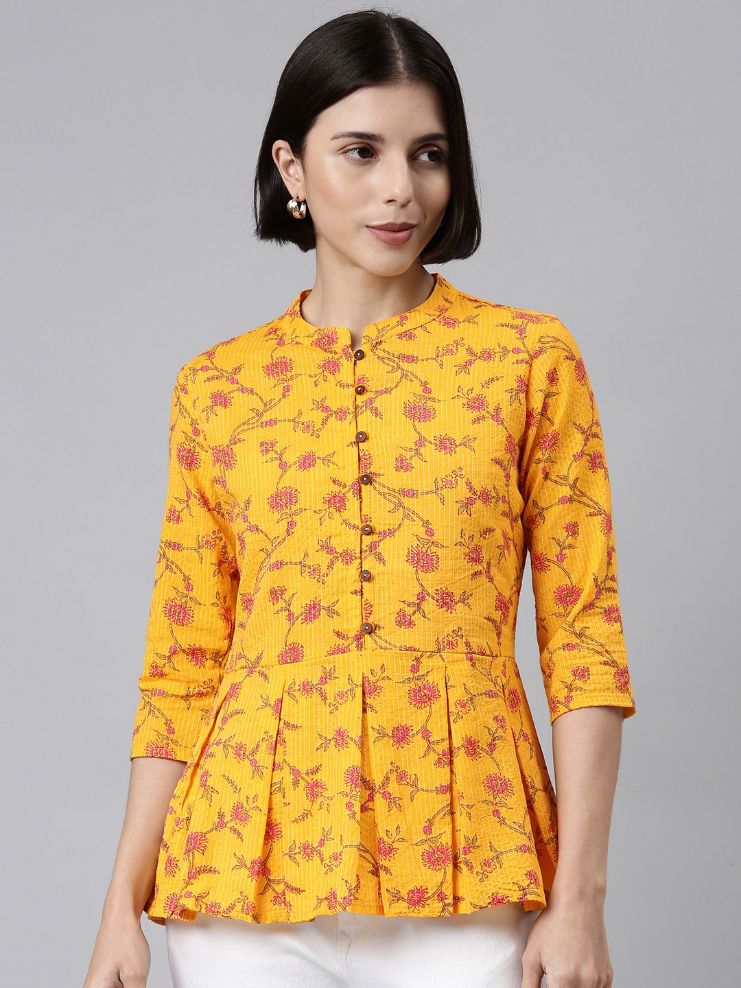 

MALHAAR Yellow & Red Floral Print Mandarin Collar Cotton Peplum Top