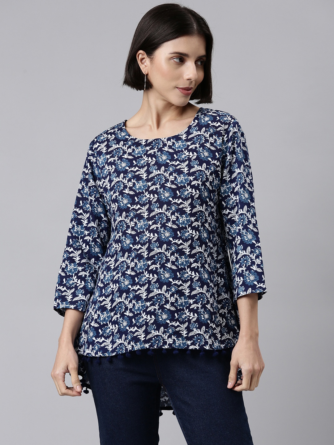 

MALHAAR Navy Blue & White Floral Print Top