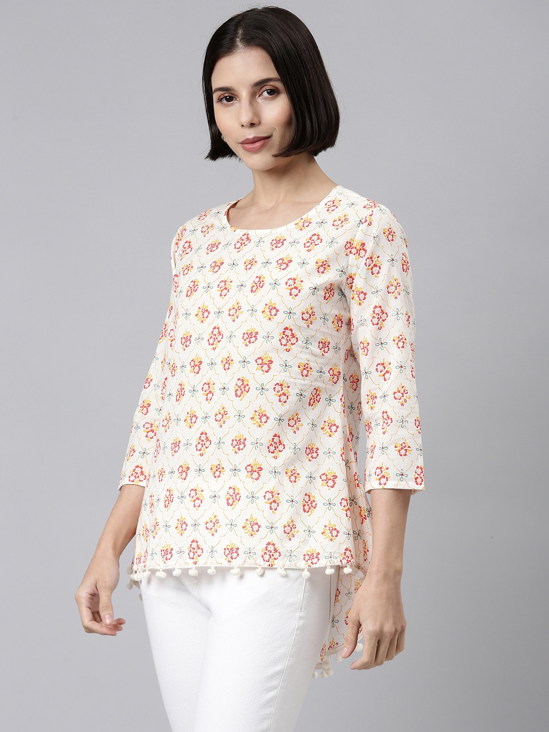 

MALHAAR White & Yellow Print Cotton Top