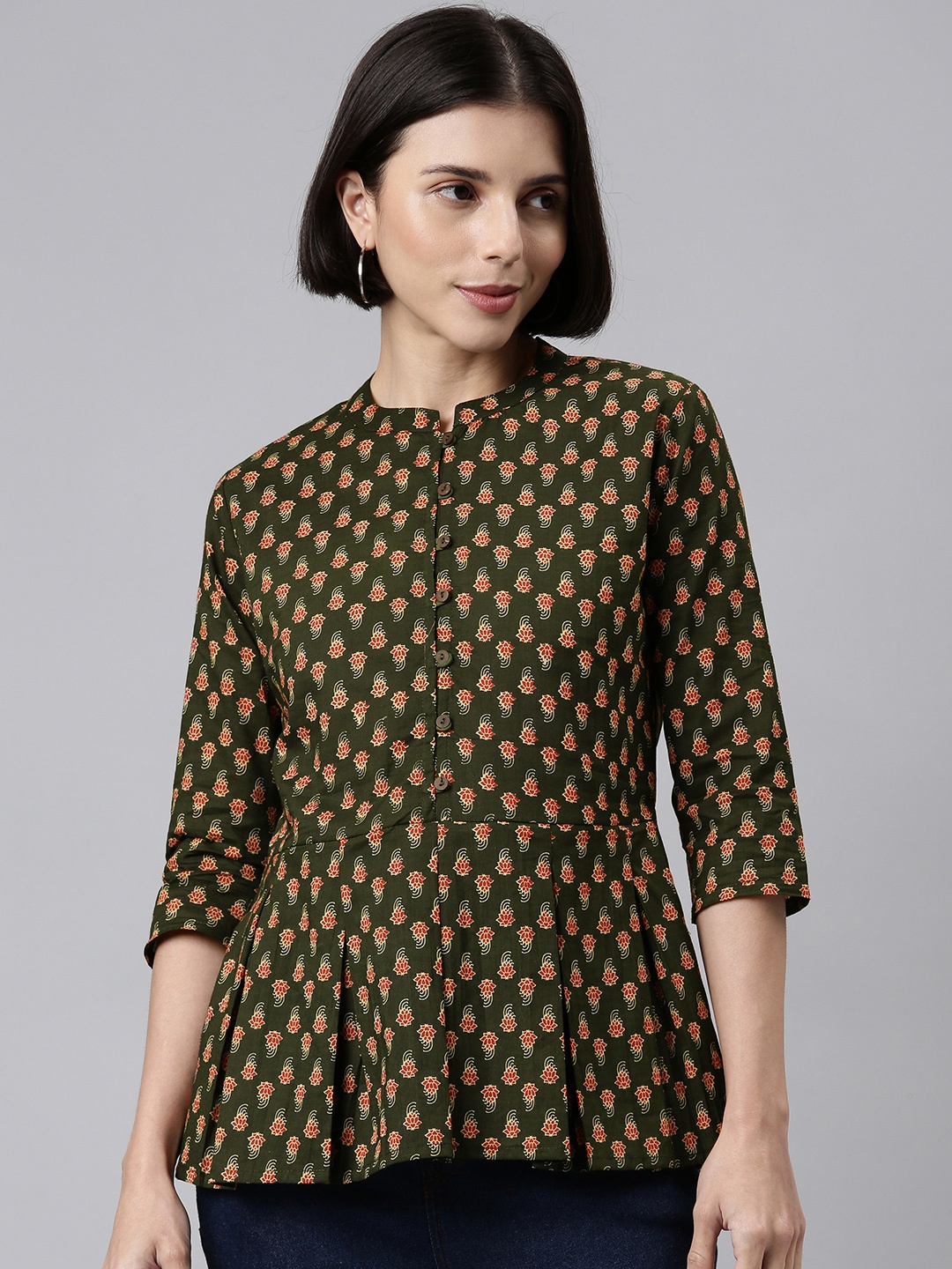 

MALHAAR Olive Green & Red Floral Print Mandarin Collar Cotton Peplum Top