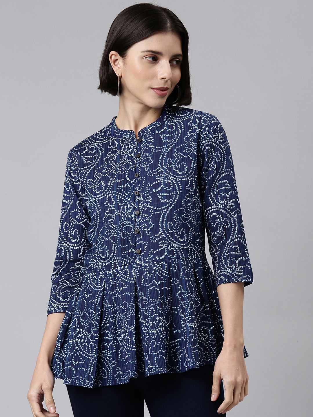 

MALHAAR Navy Blue Print Mandarin Collar Cotton Peplum Top