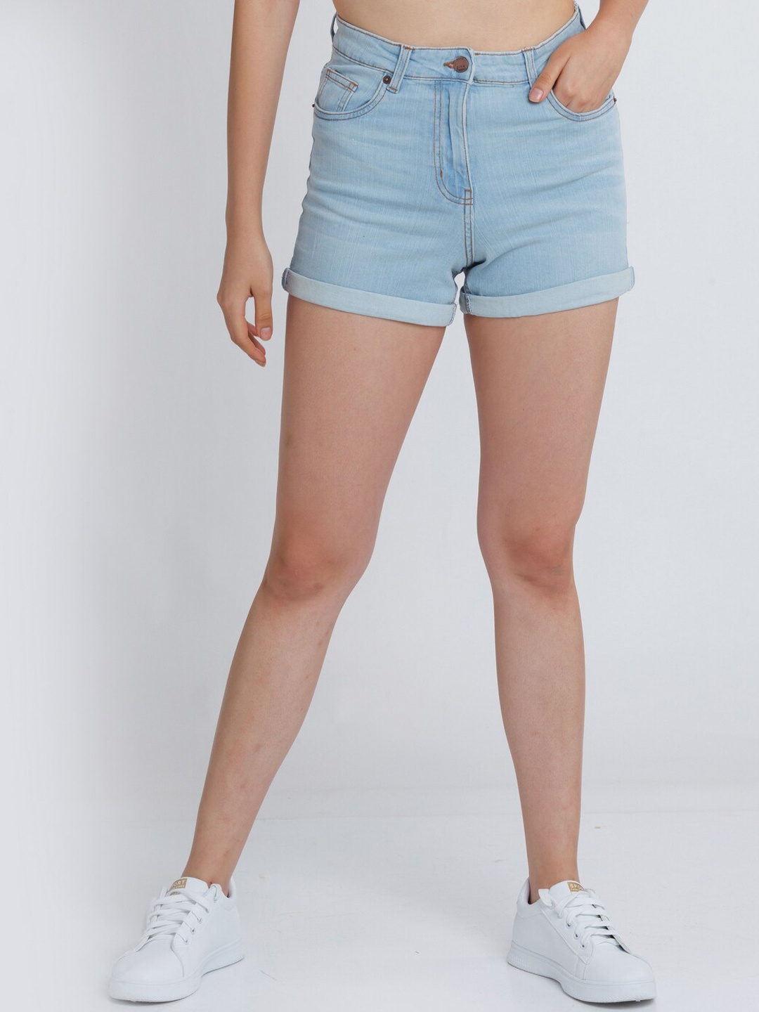 

Zink London Women Blue Slim Fit High-Rise Denim Shorts