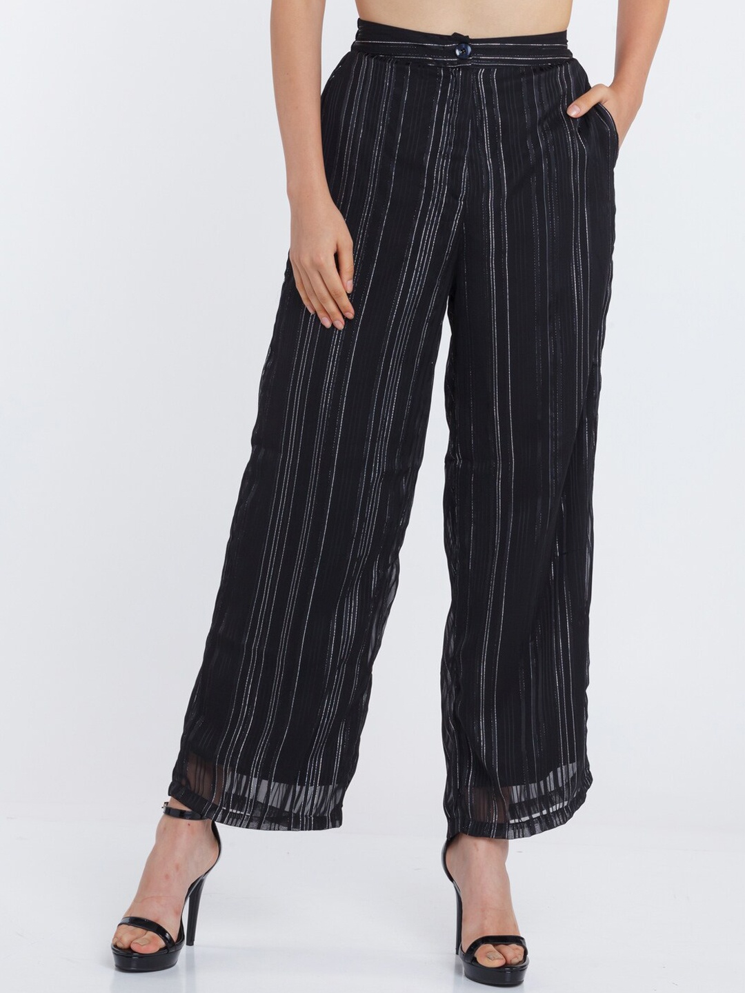 

Zink London Women Black Striped Straight Fit High-Rise Pleated Trousers