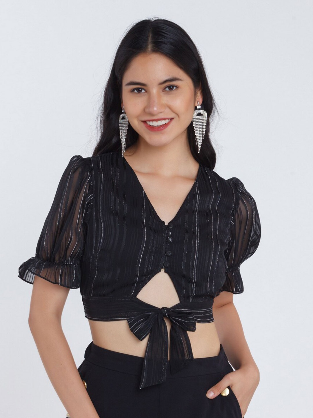 

Zink London Black Striped Waist Tie-Up Fitted Crop Top