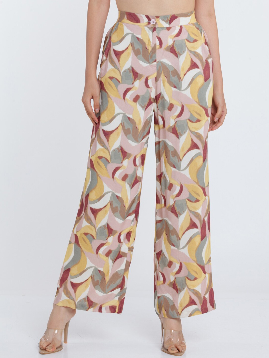 

Zink London Women White Floral Printed Loose Fit High-Rise Trousers, Multi