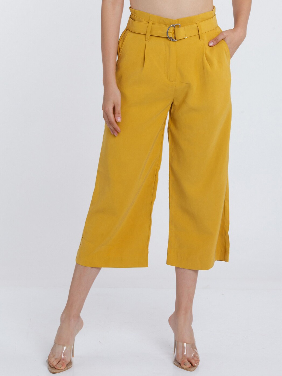 

Zink London Women Yellow Flared High-Rise Culottes Trousers