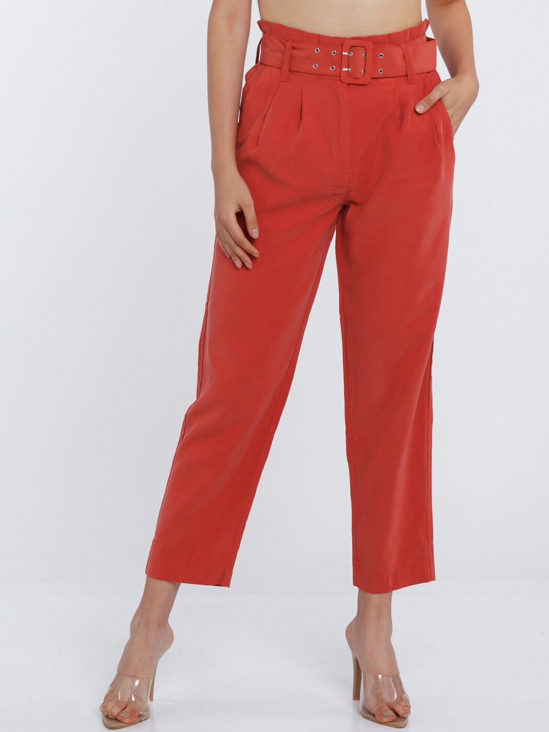 

Zink London Women Brown Slim Fit High-Rise Pleated Trousers