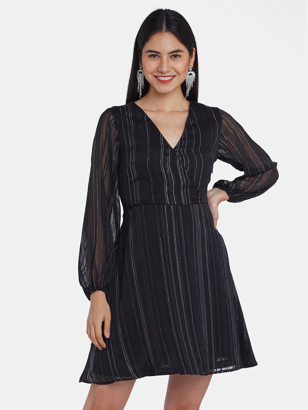 

Zink London Women Black Striped A-Line Wrap Dress