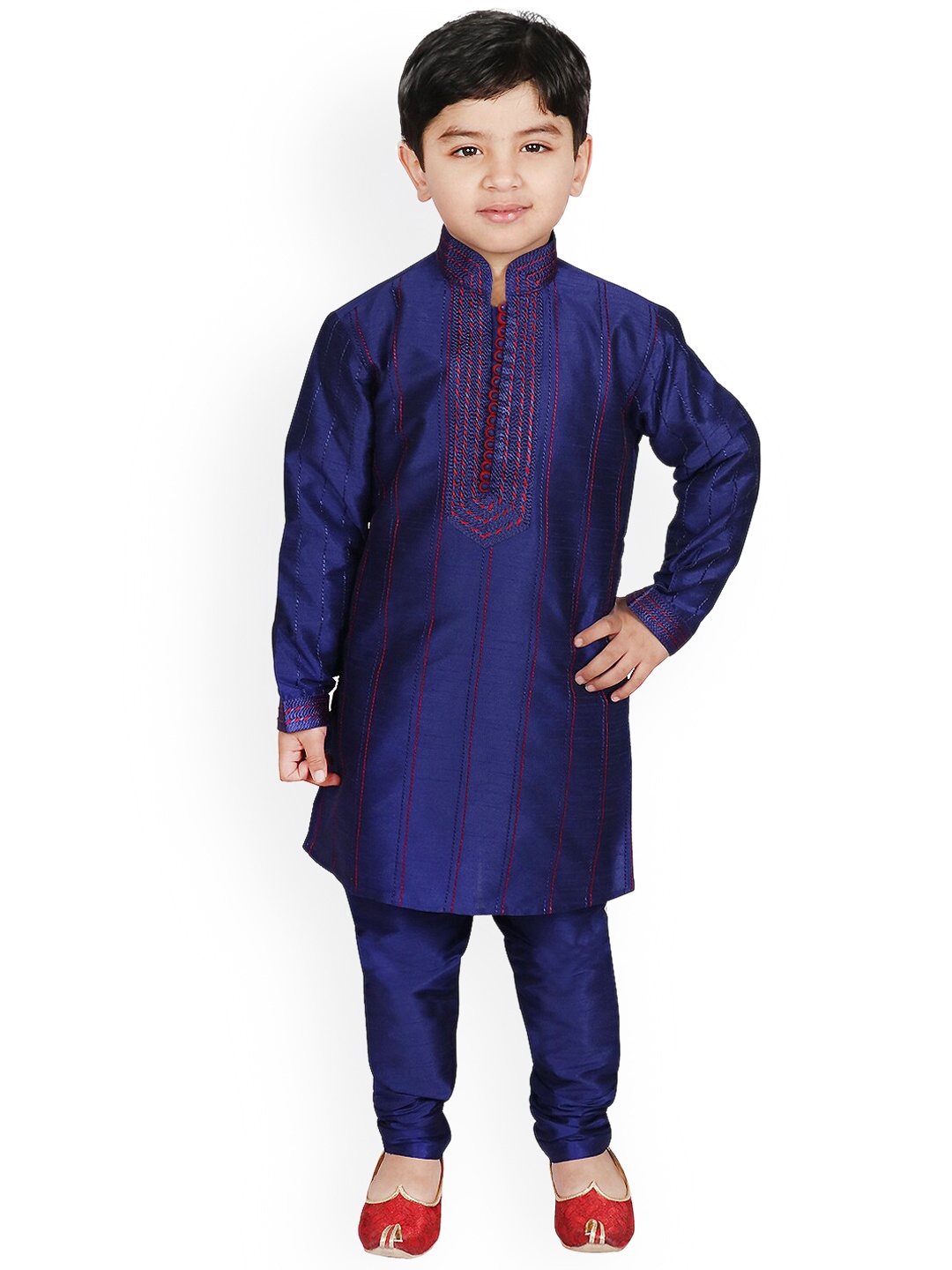 

SG YUVRAJ Boys Blue Striped Thread Work Raw Silk Kurta with Churidar