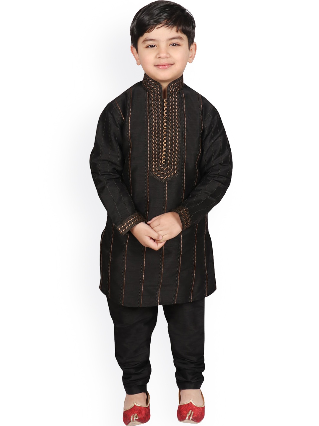 

SG YUVRAJ Boys Black Striped Thread Work Raw Silk Kurta with Pyjamas