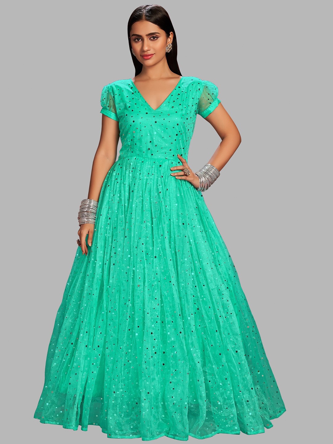 

Atsevam Blue Embellished V-Neck Net Gown