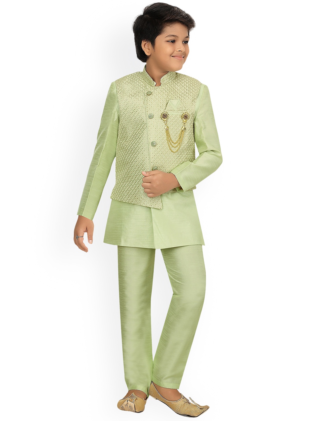 

ahhaaaa Boys Green Woven Design Sherwani Set