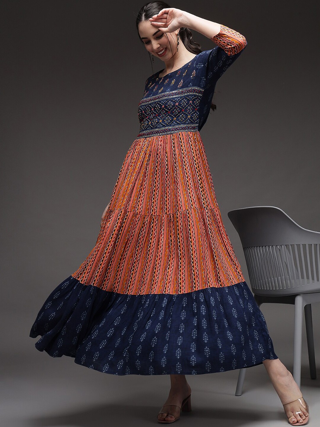 

Spera Navy Blue and Orange Ethnic Motifs Maxi Dress
