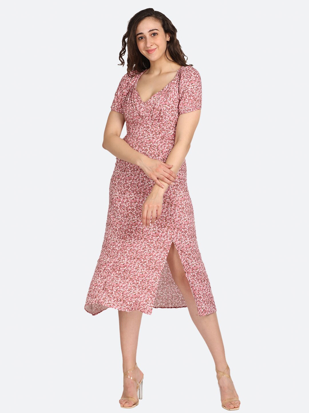 

BOLDMISS Pink Floral Crepe Midi Dress