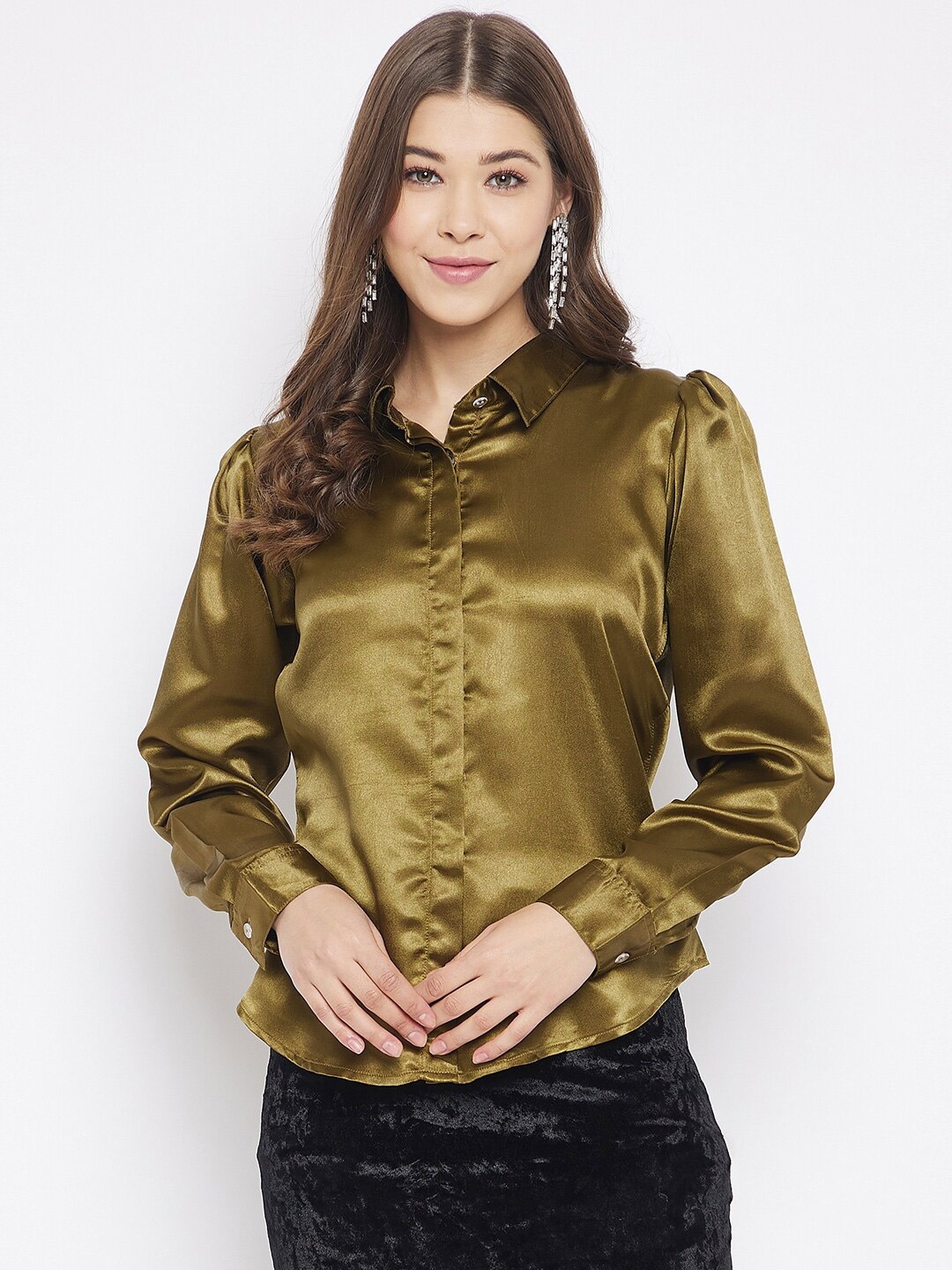 

Bitterlime Women Olive Green Comfort Semiformal Satin Shirt