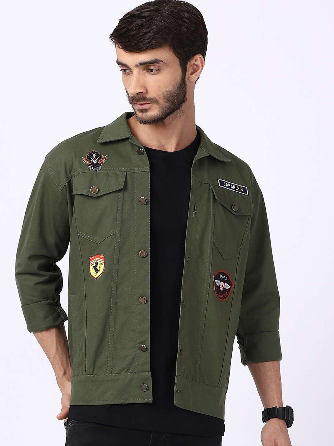

VOXATI Men Olive Green Crop Denim Jacket with Patchwork