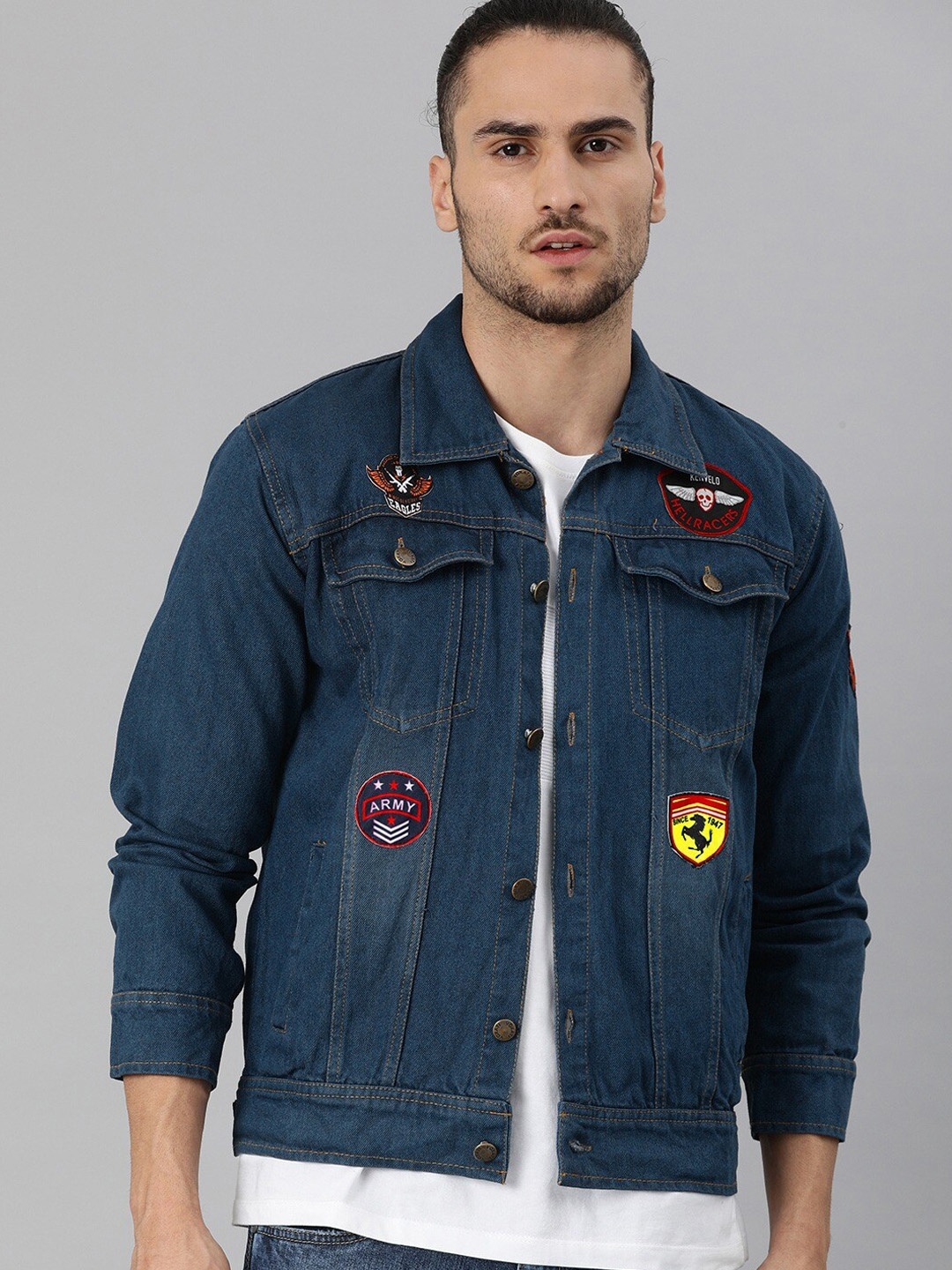 

VOXATI Men Blue Washed Denim Jacket with Patchwork