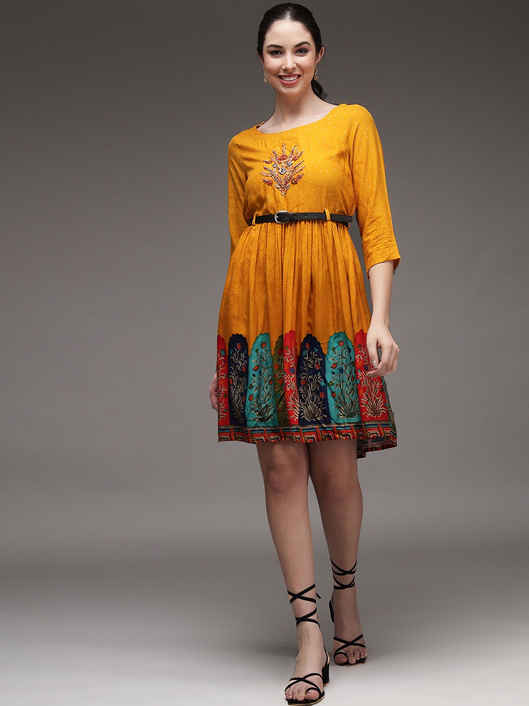 

Pankvi Mustard Yellow Ethnic Motifs Embellished Fit & Flare Dress