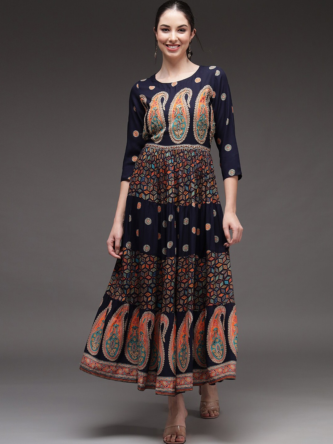 

Pankvi Navy Women Blue Ethnic Motifs Maxi Dress, Navy blue