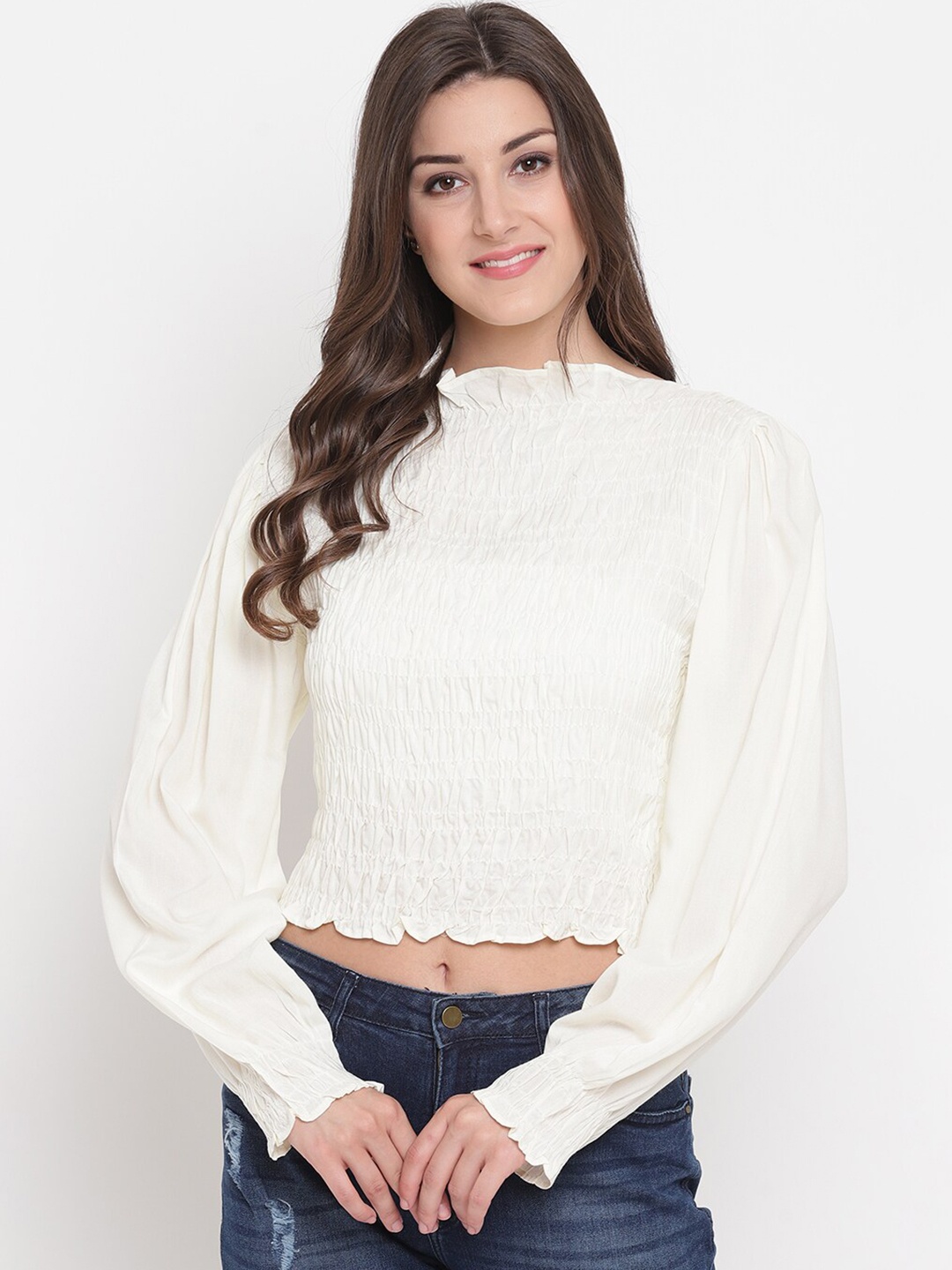 

Aawari White Bishop Sleeves Ruffles Crop Top