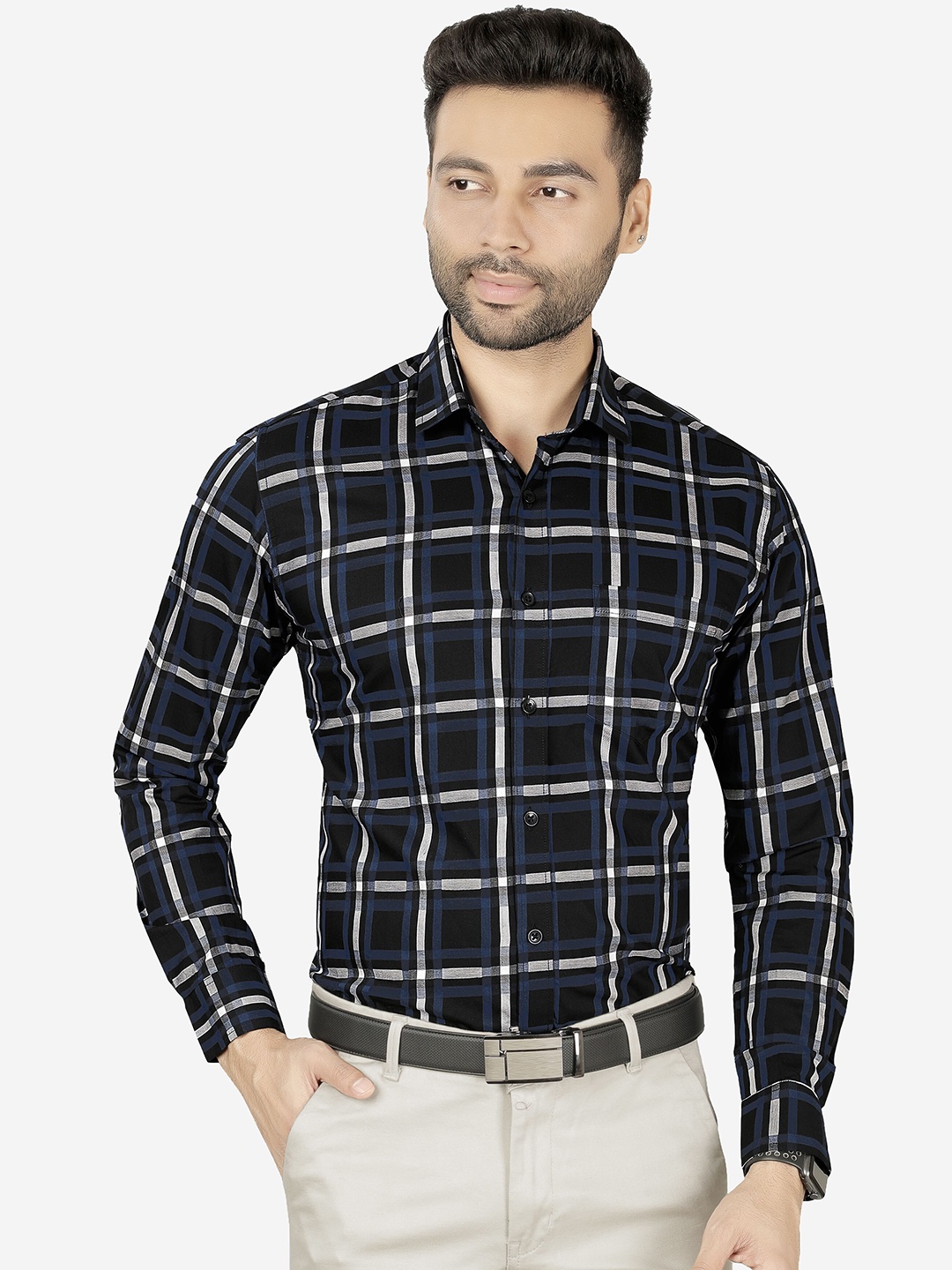 

5TH ANFOLD Men Navy Blue Slim Fit Windowpane Checks Checked Formal Shirt