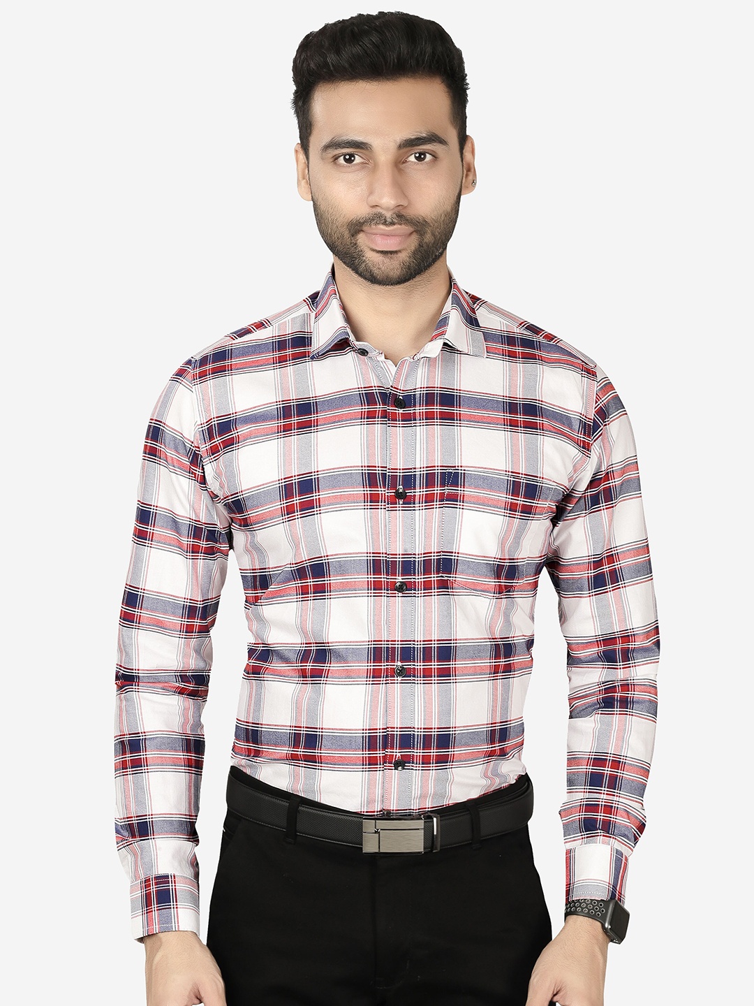 

5TH ANFOLD Men White Slim Fit Tartan Checked Cotton Formal Shirt