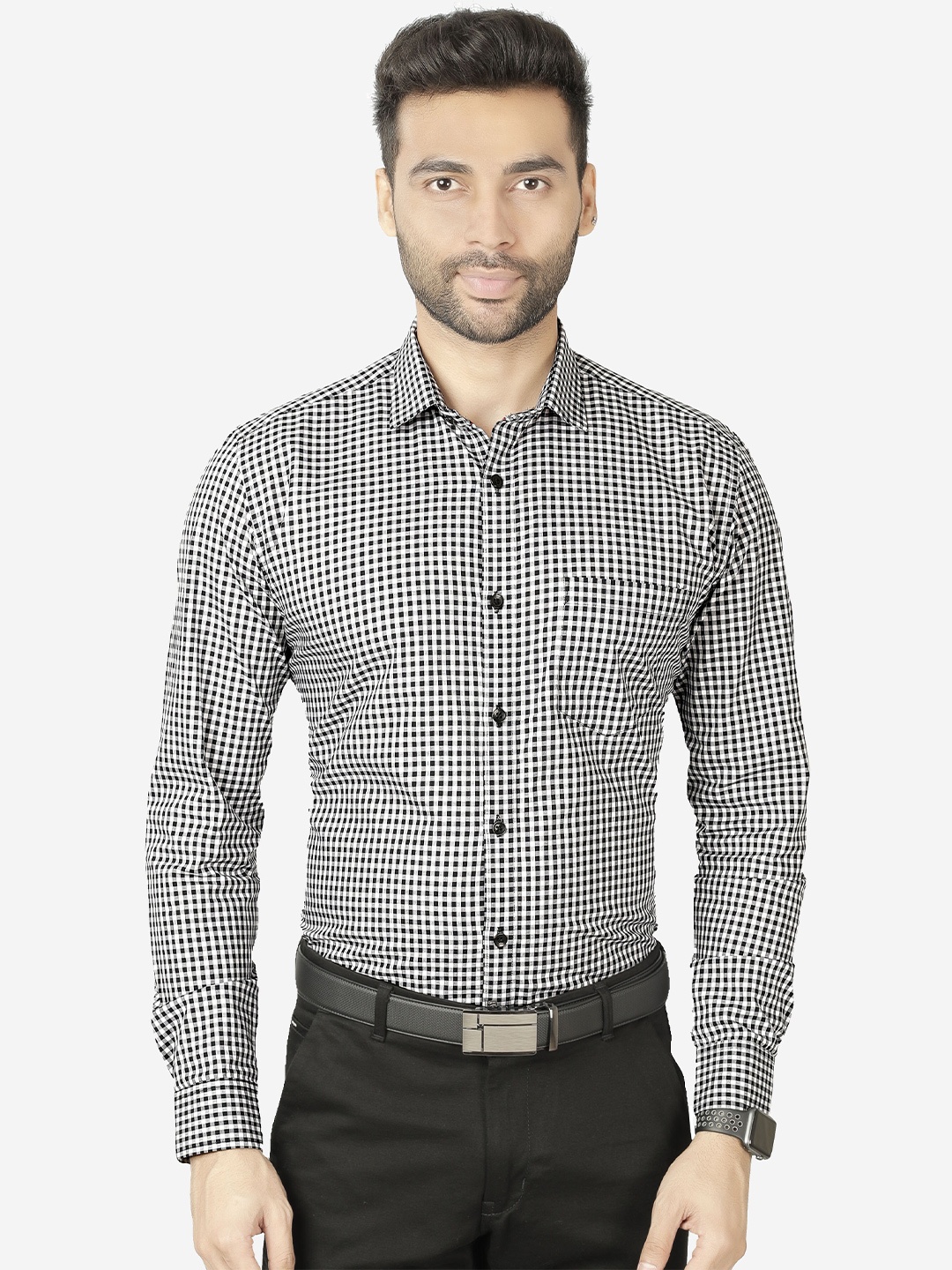 

5TH ANFOLD Men Grey & Black Slim Fit Checked Pure Cotton Formal Shirt