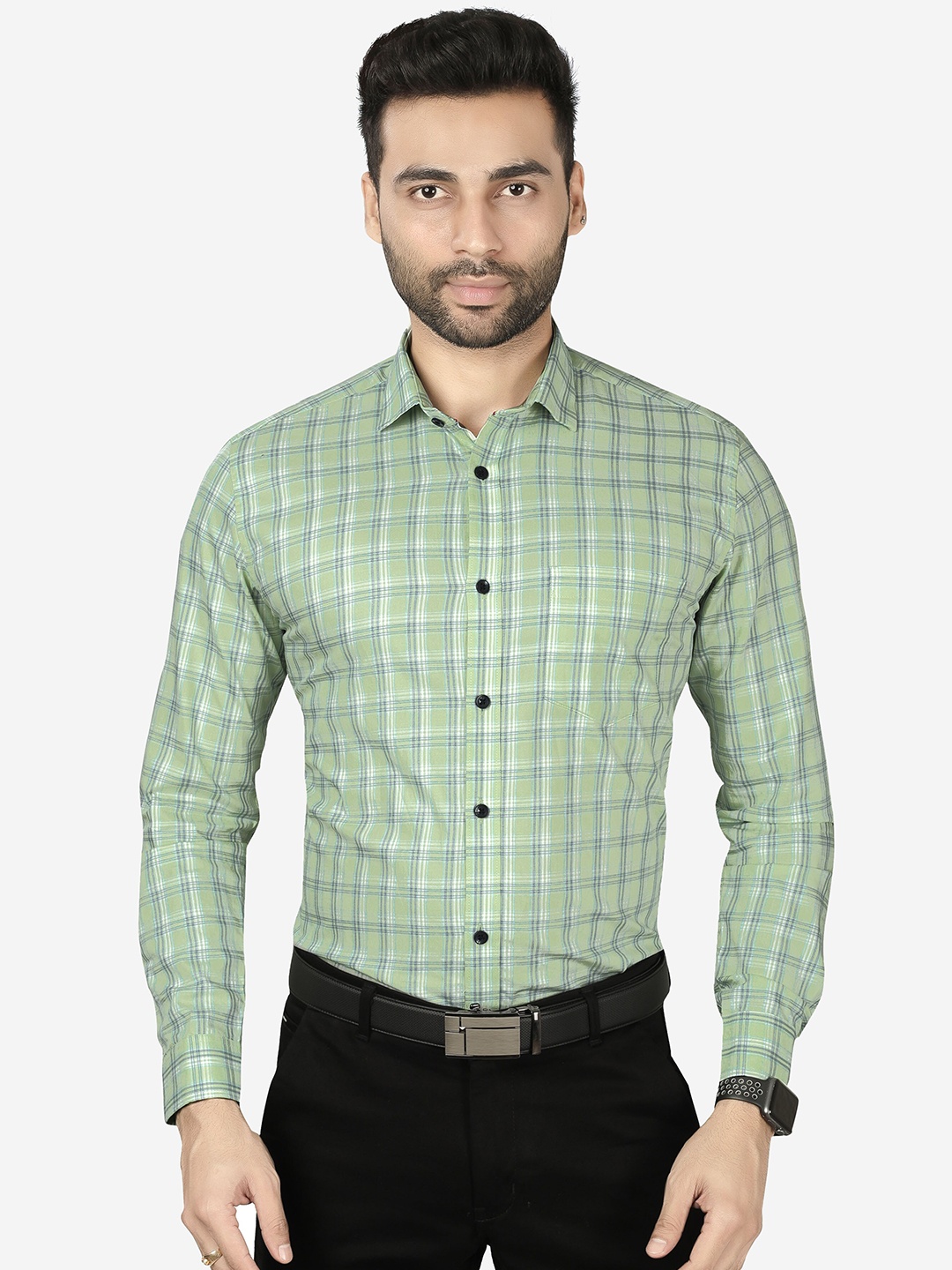 

5TH ANFOLD Men Green Slim Fit Checked Formal Shirt