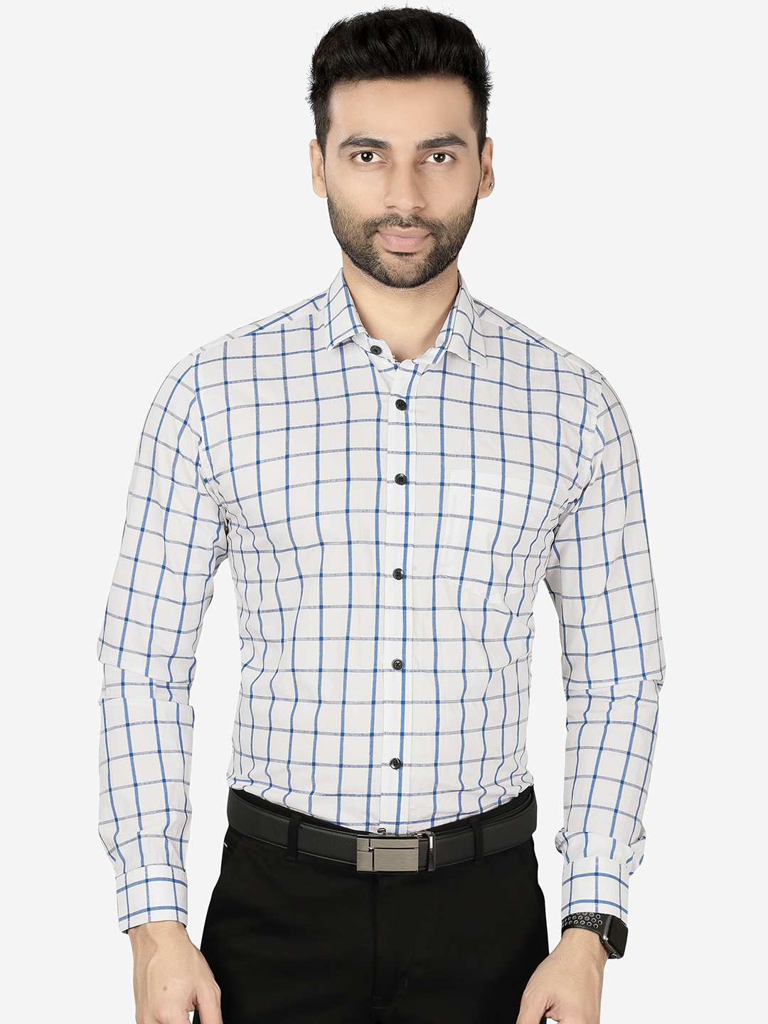 

5TH ANFOLD Men White Slim Fit Grid Tattersall Checks Checked Formal Shirt