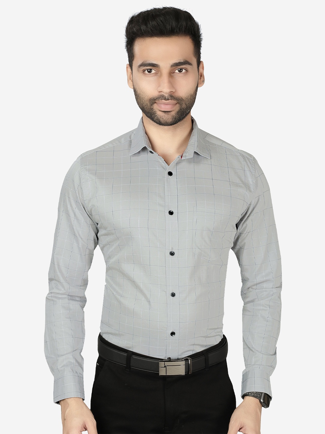 

5TH ANFOLD Men Grey Slim Fit Checked Formal Shirt