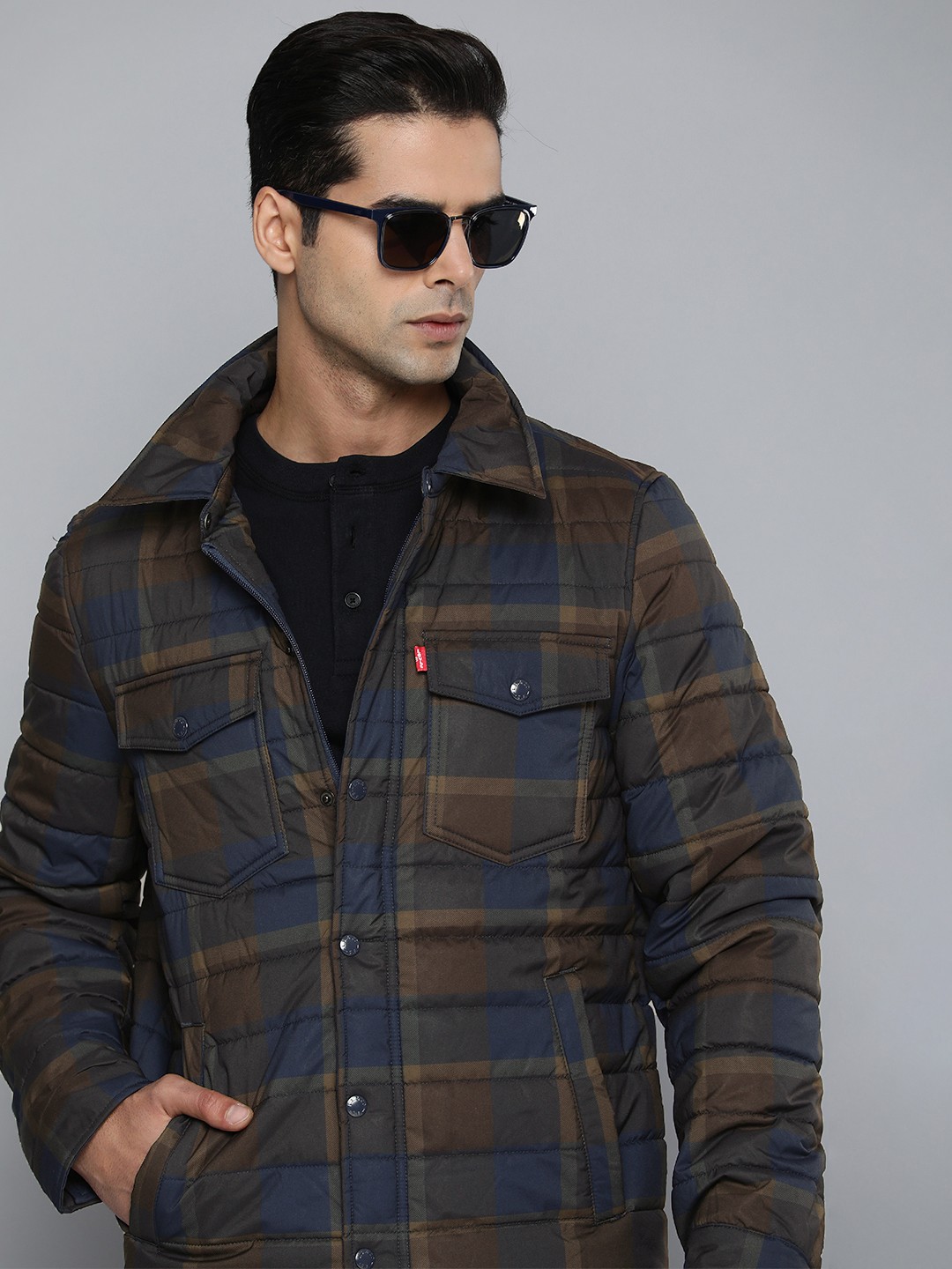 

Levis Men Brown and Blue Checked Quilted Jacket