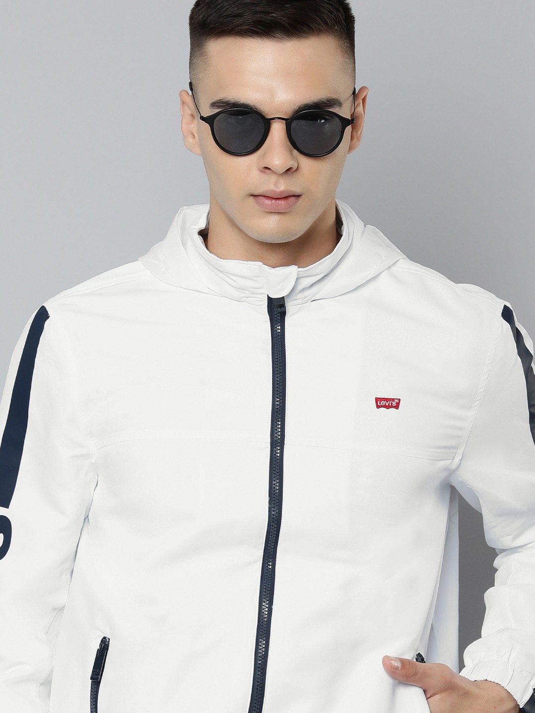 Levis Men Brand Logo Printed Hooded Sporty Jacket, White