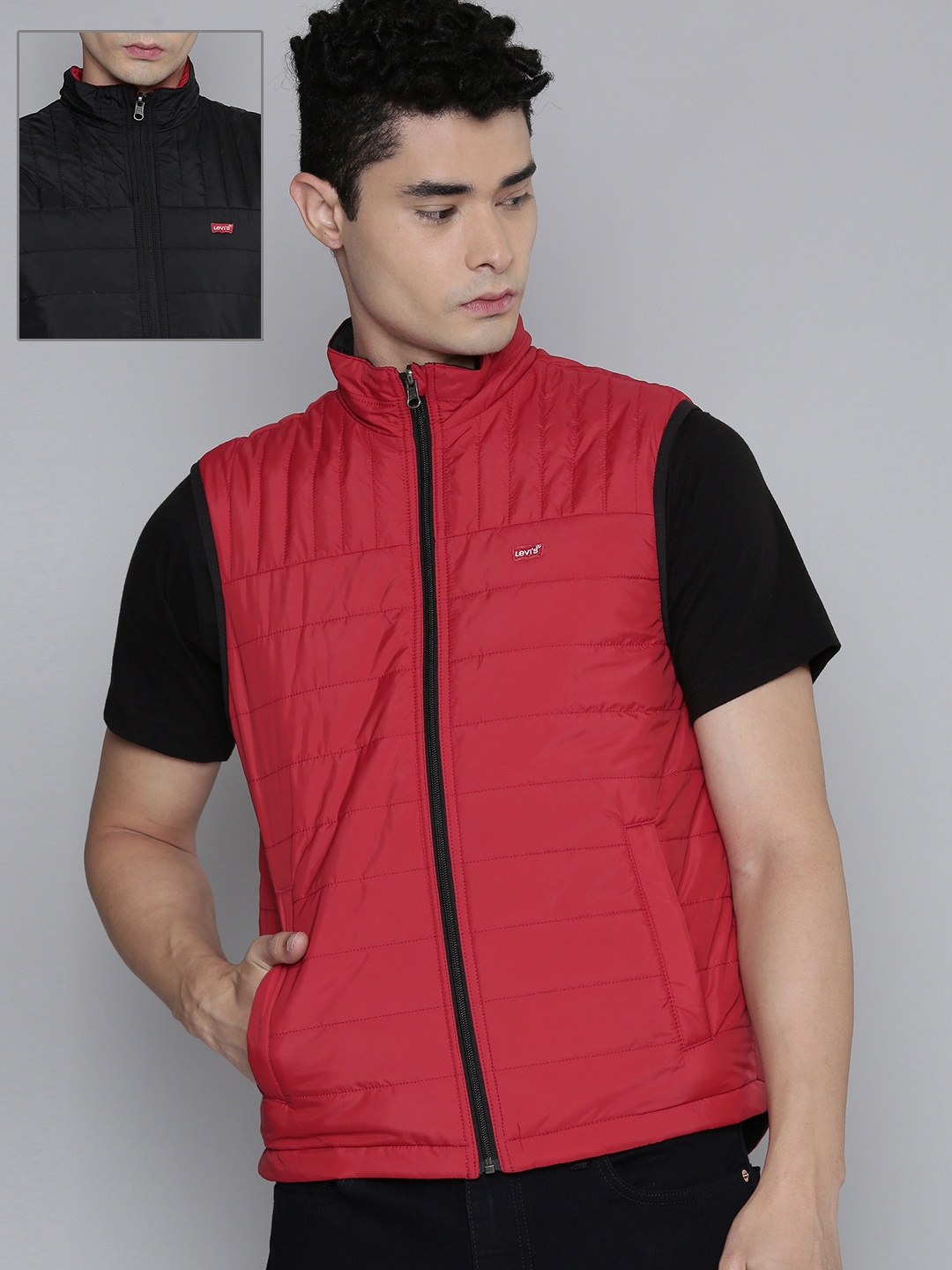 

Levis Men Black Red & Black Reversible Quilted Jacket
