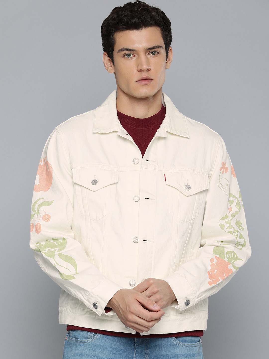 

Levis Men Off White Printed Pure Cotton Denim Jacket