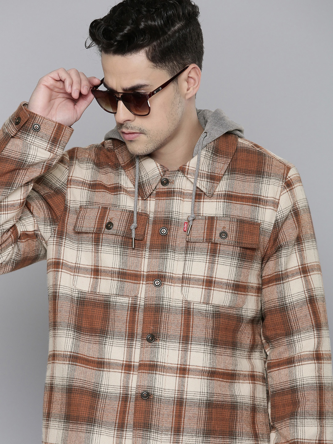 

Levi's Men Checked Pure Cotton Hooded Tailored Jacket, Rust