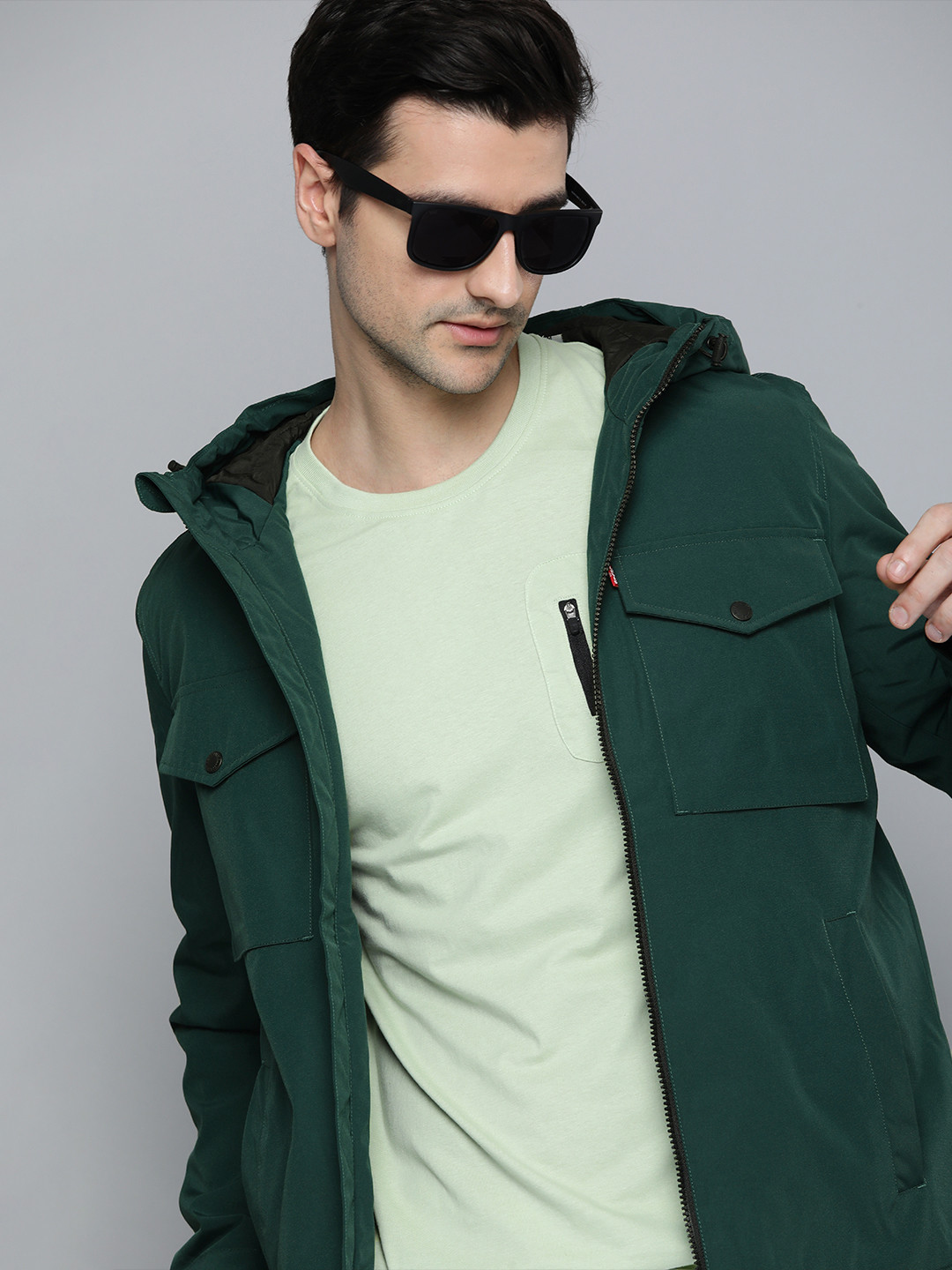 

Levi's Men Dark Green Hooded Solid Padded Jacket with Zip Closure