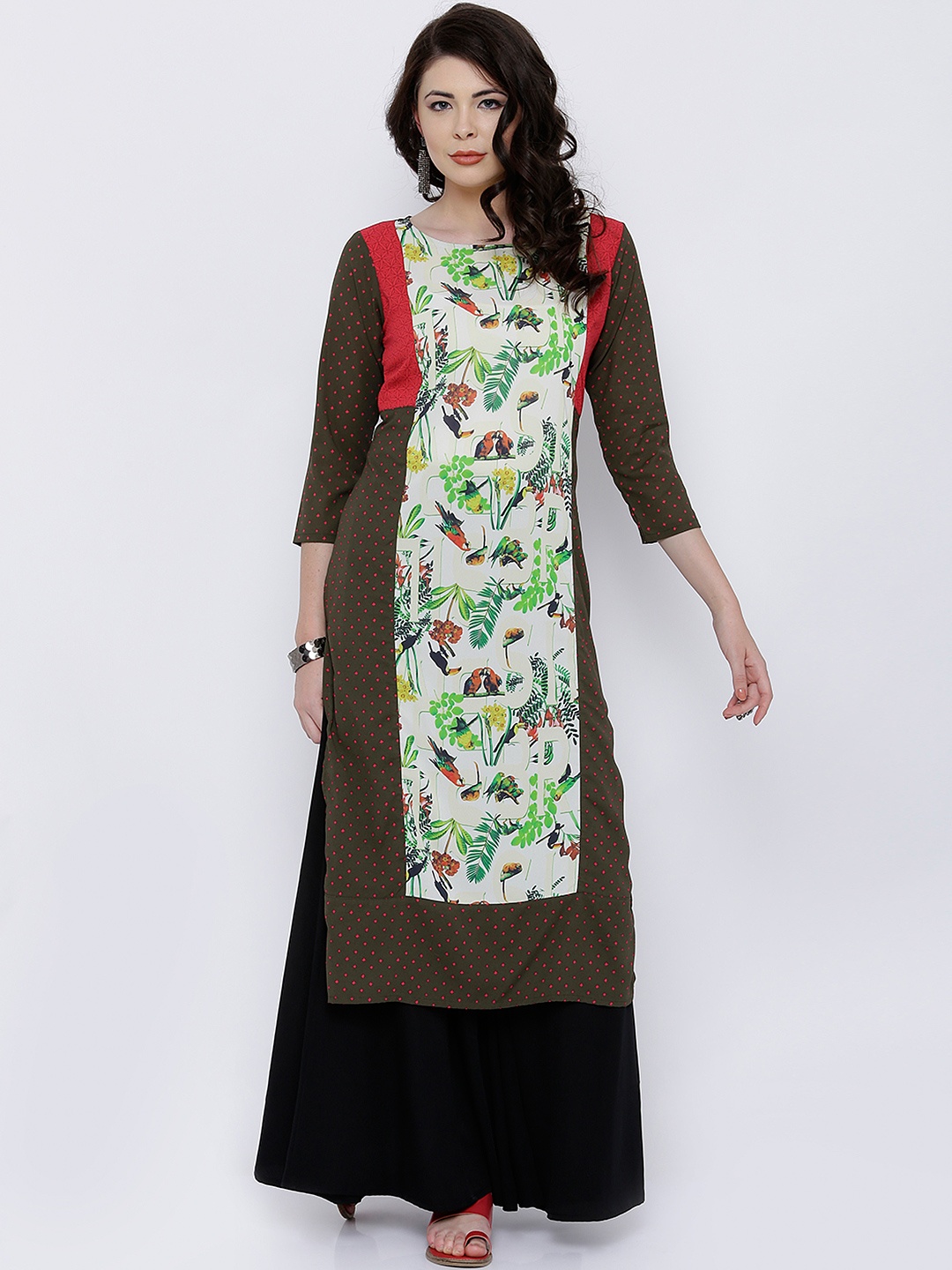 

Vishudh Women Cream-Coloured & Olive Green Printed Straight Kurta