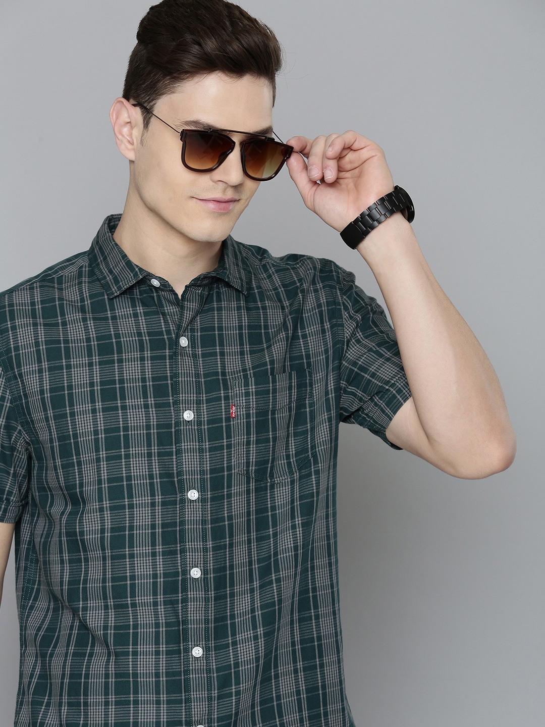 

Levis Men Teal Green & Grey Slim Fit Tartan Checked Pure Cotton Casual Shirt
